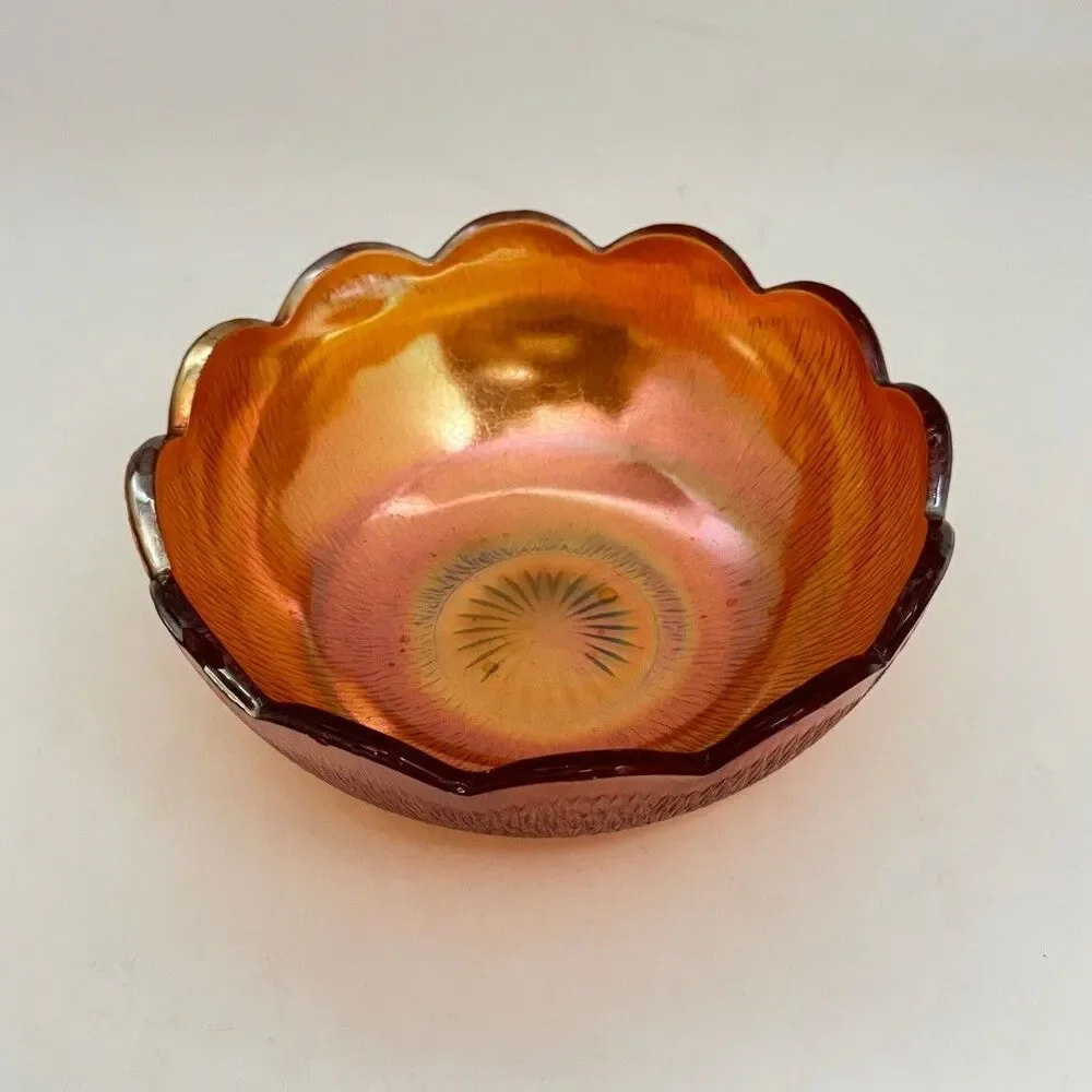 Vintage Jeanette Iridescent Orange Marigold Carnival Glass Scalloped Bowl